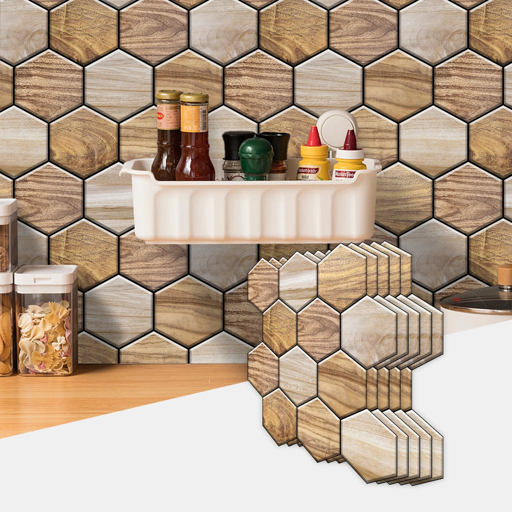 5 Styles Flat Hexagon Marble Embossing Tile Wall Stickers Oil-Proof Kitchen & Bathroom Washbasin Glossy Surface Decorative Mural