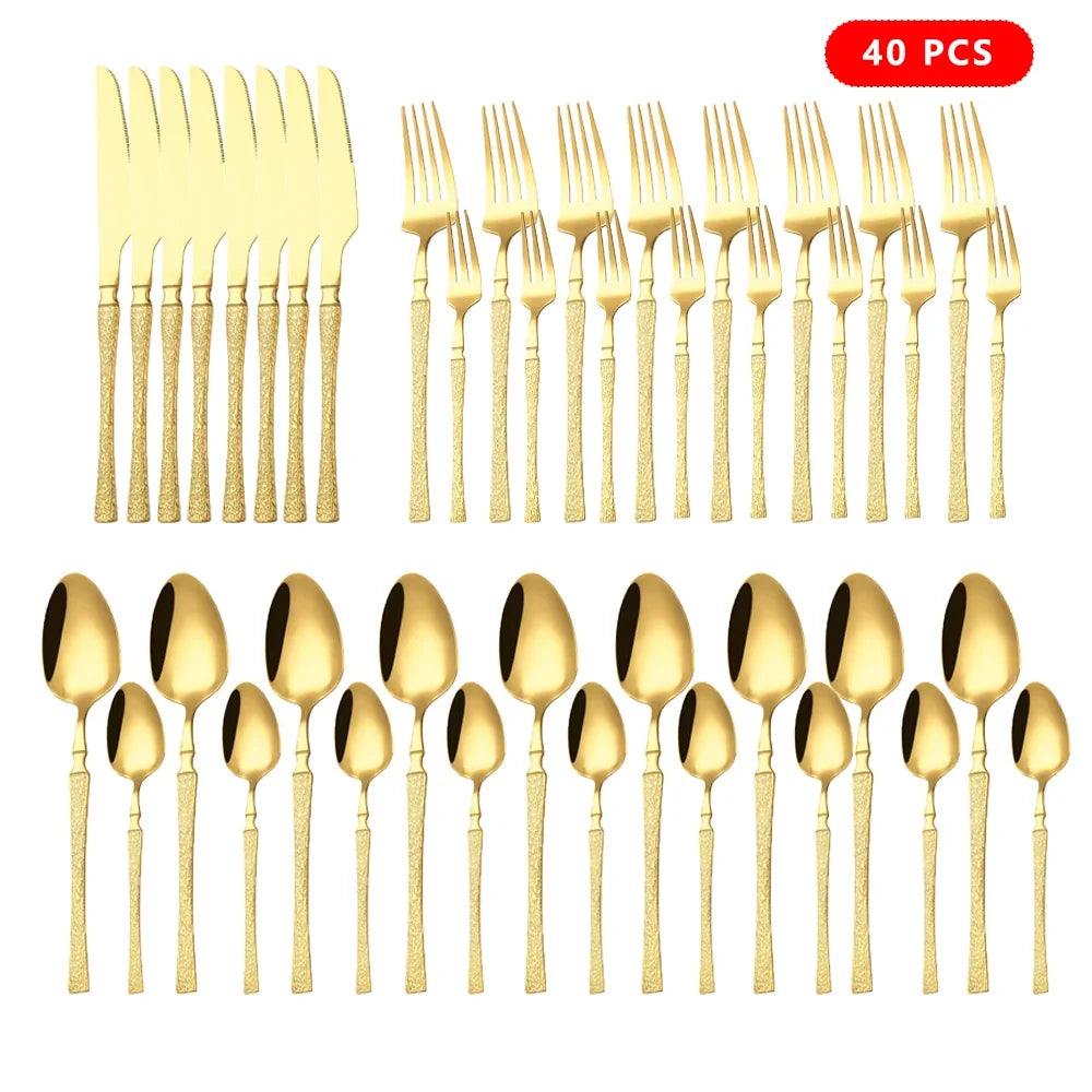 40/60pcs Stainless Steel Cutlery Set,Hammer Pattern Handle,Dishwasher Safe Flatware,Durable Dinnerware for Home,Restaurant,Party