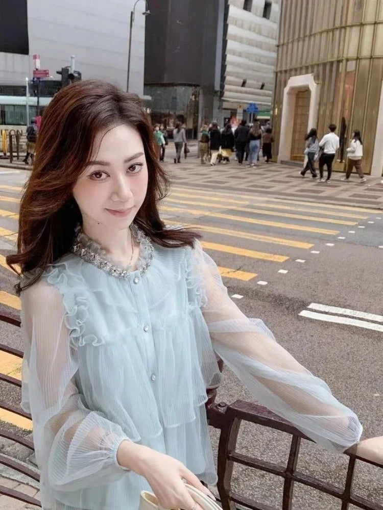 Sweet Ruffled Women Shirts 2026 Camisas De Mujer Long Sleeve Loose Blouses Vintage Single Breasted Pleated Chic Korean Blouse