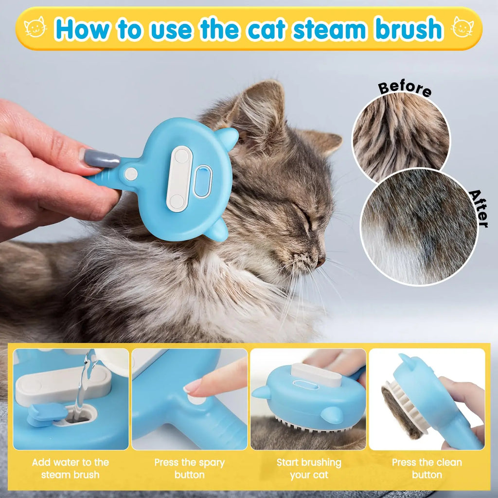 Cat Steam Brush 3 in 1 Pet Hair Grooming Tool Supply for Shedding With Soft Silicone Bristle Release Button for Short Hair Cats