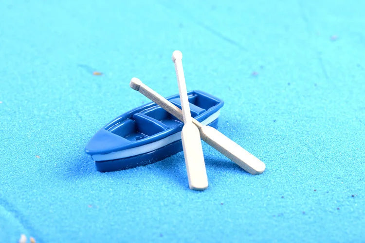 Blue Resin Boat Wood Paddles Oars Figures Decorative Figurine Diy Home Decor Mini Fairy Garden Aquarium Fish Tank Statue Craft