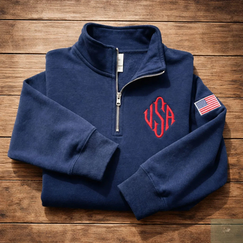 Quarter Zip Sweatshirt Y2K Navy Blue USA Embroidered American Flag Patchwork Jacket Men Women Retro Street Fashion Trend Top