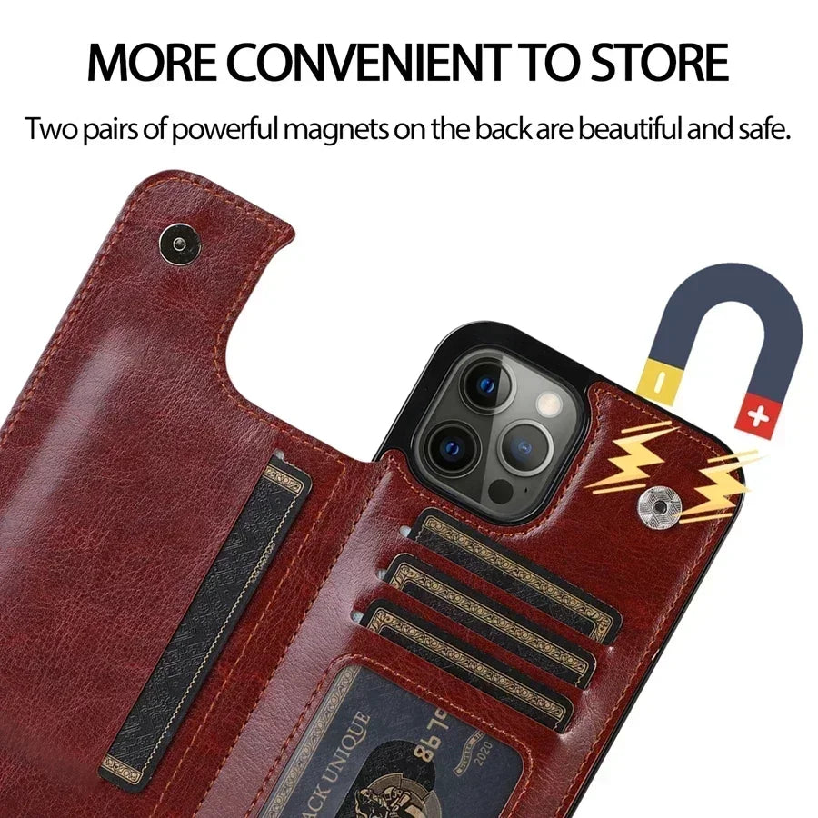 Wallet Double Button With Card Slot Stand Flip Leather Case For iPhone 16e 16 Pro Max 15 Plus 14 13 12 Mini 11 SE3 SE2 X XR 8 7