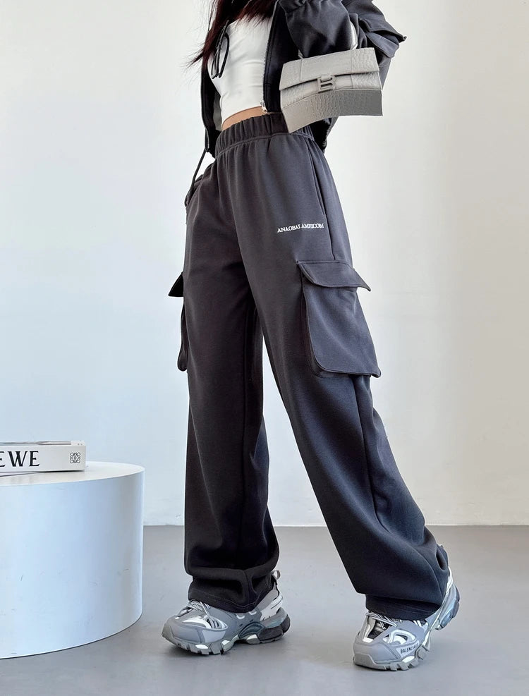 WOMENGAGA Short Zipper Sweatshirt Large Pocket Wide Leg Pants Two Piece Casual Plush Set For Winter Women Fashion Sweet 2PTB