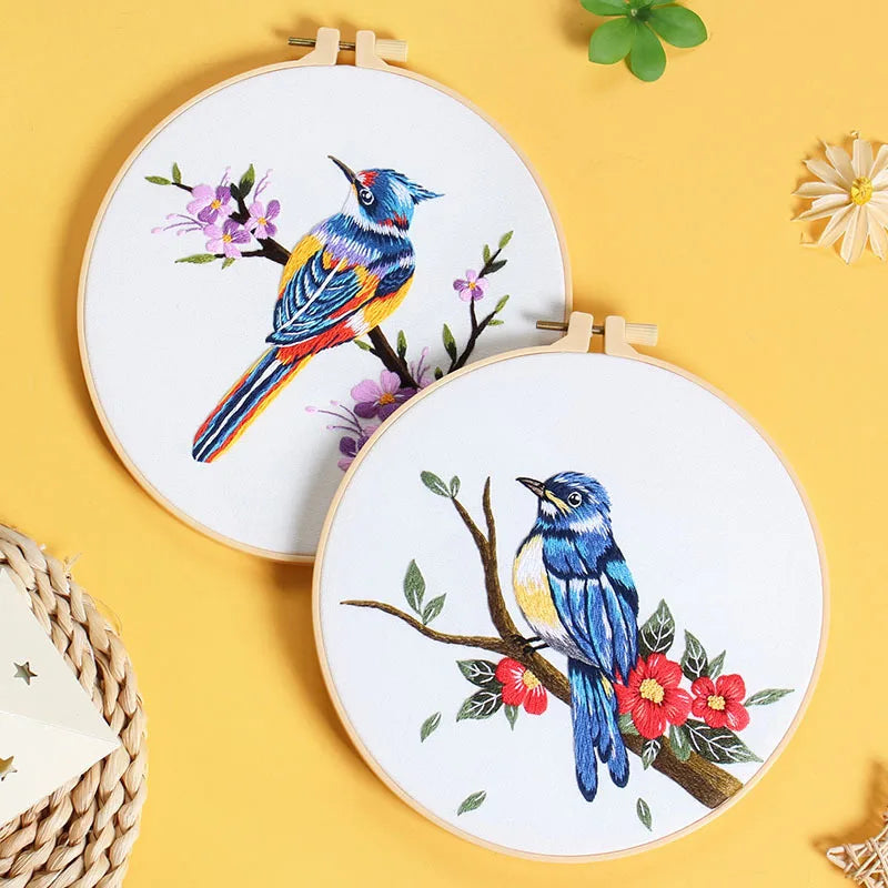 Bird Flower Chinese Wind Embroidery Kit with Instruction Needle Cloth with Pattern for DIY Craft Kit Home Decor