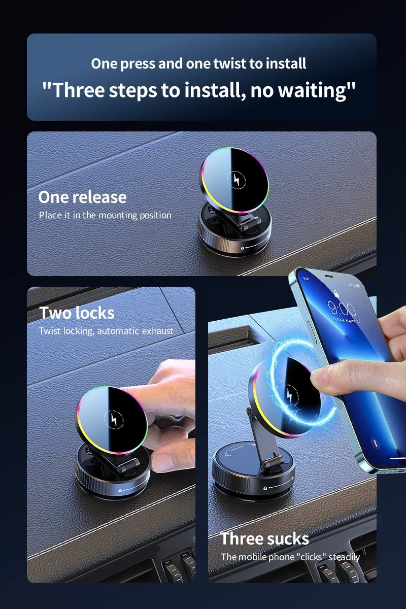 Cooling Magnetic Car Wireless Charger Car Phone Holder Mount Fast Charging for iPhone 15 14 13 Pro Suction Cup Vacuum Foldable