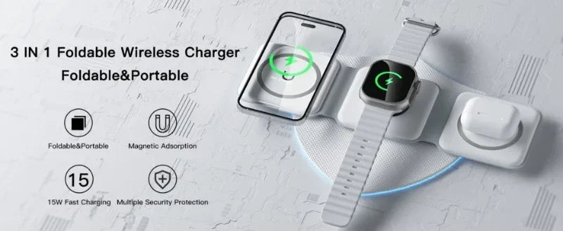 30W Fast Charging Pad Desktop Foldable 3 in 1 Wireless Charger For iPhone 16 15 14 13 12 Pro Max iWatch 10 9 8 7 6 AirPods Pro 2