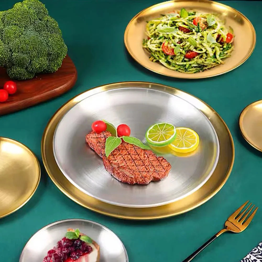 8PC Metal Dining Dish Stainless Steel Round Plate Shallow
