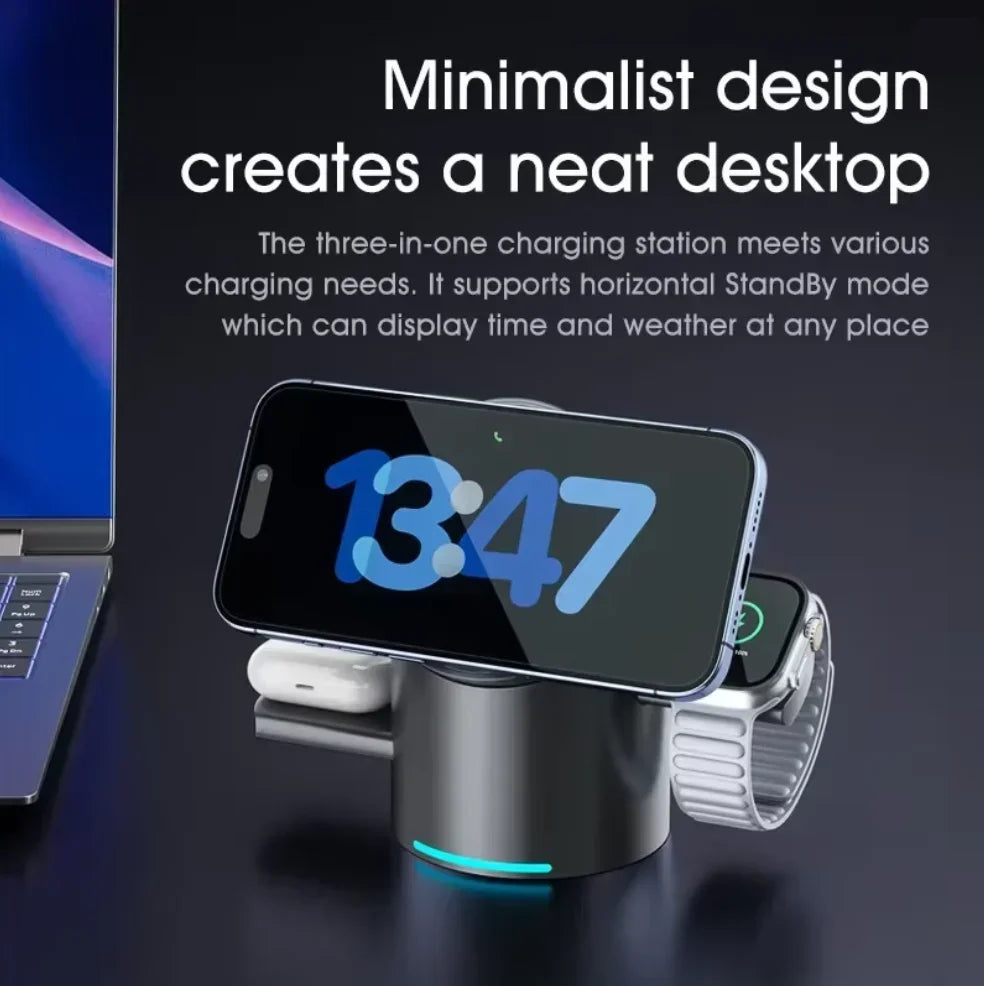 New Truly Qi2 3In1 15W Magnetic Touch Button Wireless Charger for Iphone Android IOS Phones Smart Watches Fast Charging Station