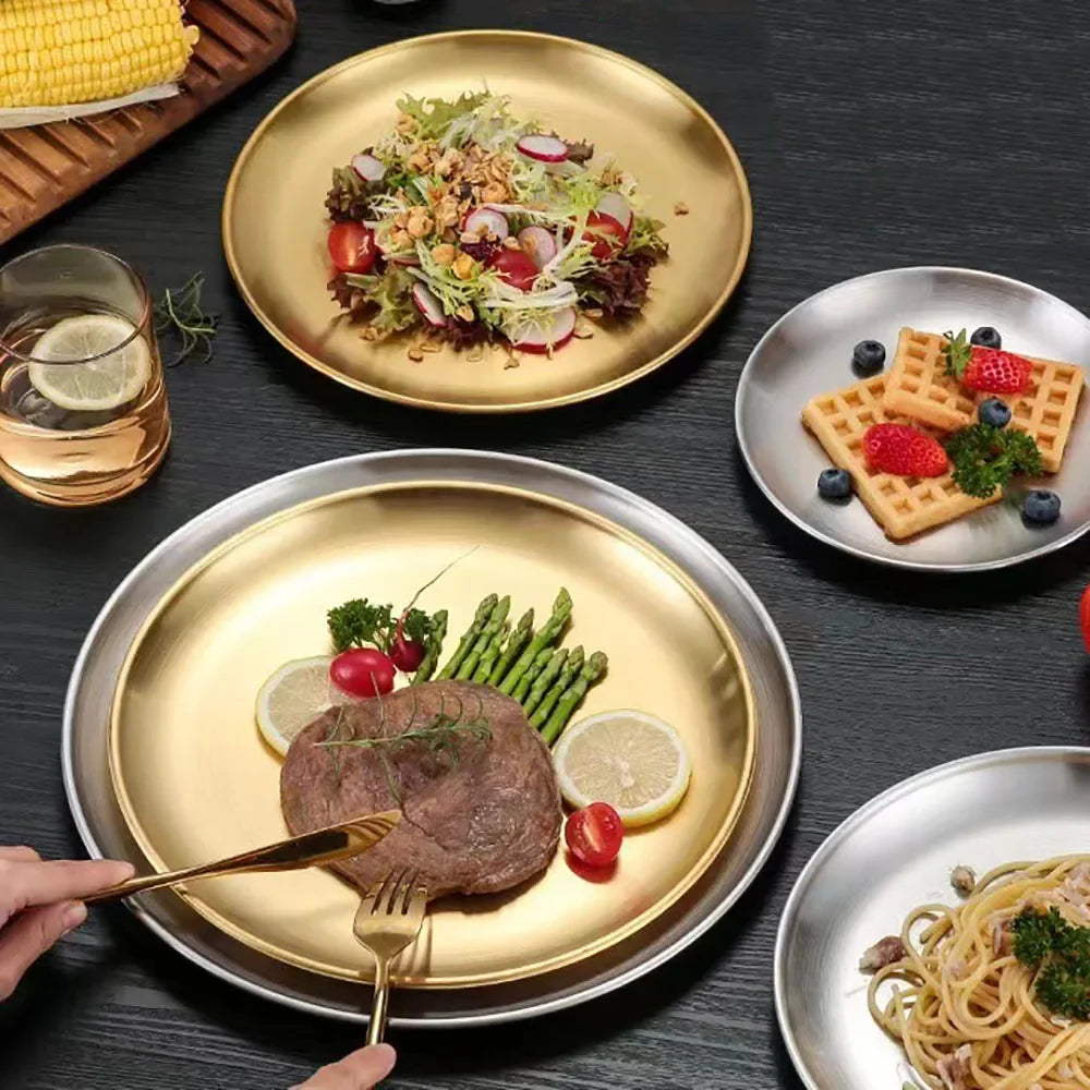8PC Metal Dining Dish Stainless Steel Round Plate Shallow