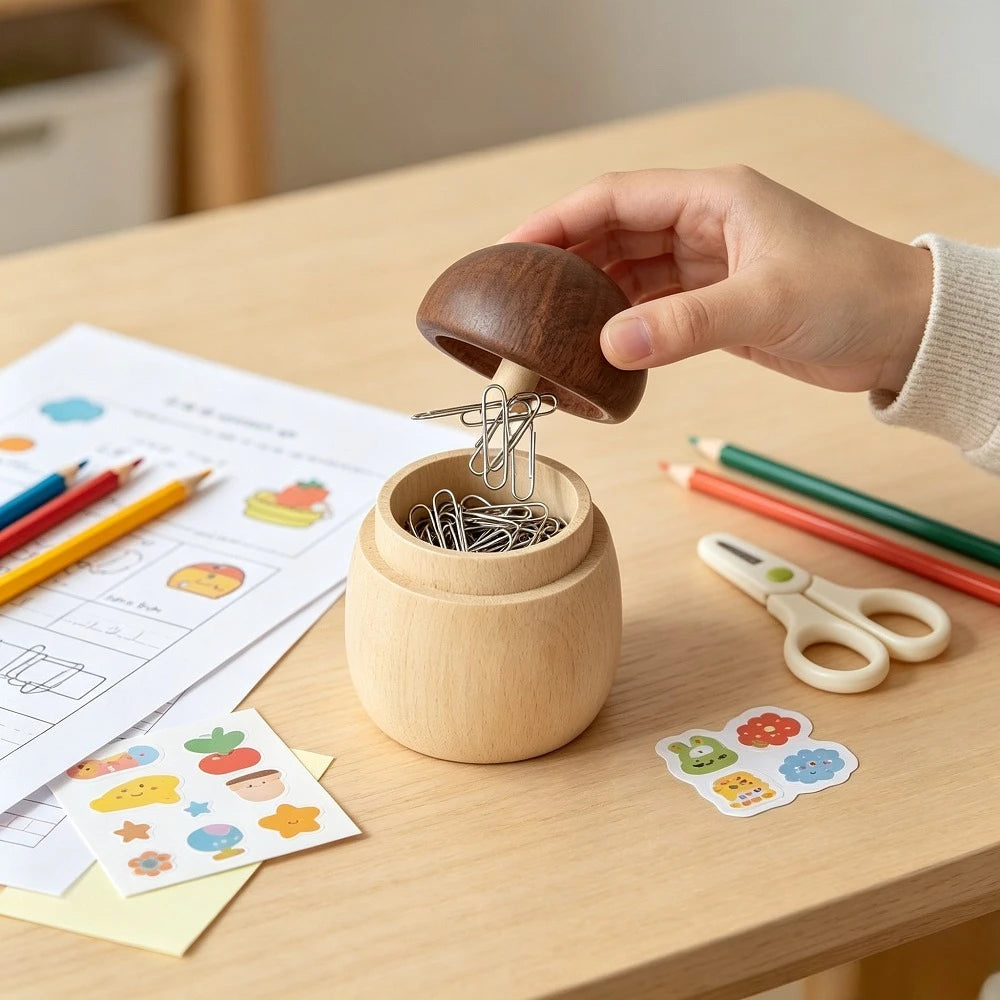 Cute Wooden Mushroom Paper Clip Holder Magnetic Office Desk