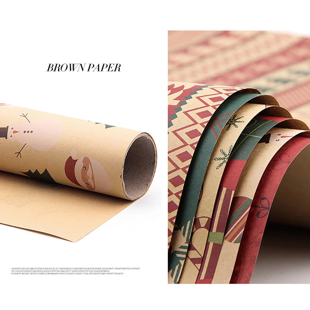 6Pcs Kraft Packaging Paper Retro Christmas Single-sided Wrapping Paper DIY Craft Paper Set for Party Birthday Halloween Gift