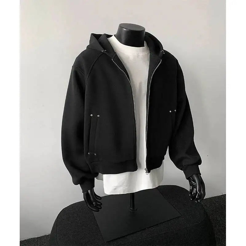 PFNW New Autumn Men's Sweatshirt 2025 Solid Color With Hat Long Sleeve Zipper Korea Fashion Male Tops 28W8776