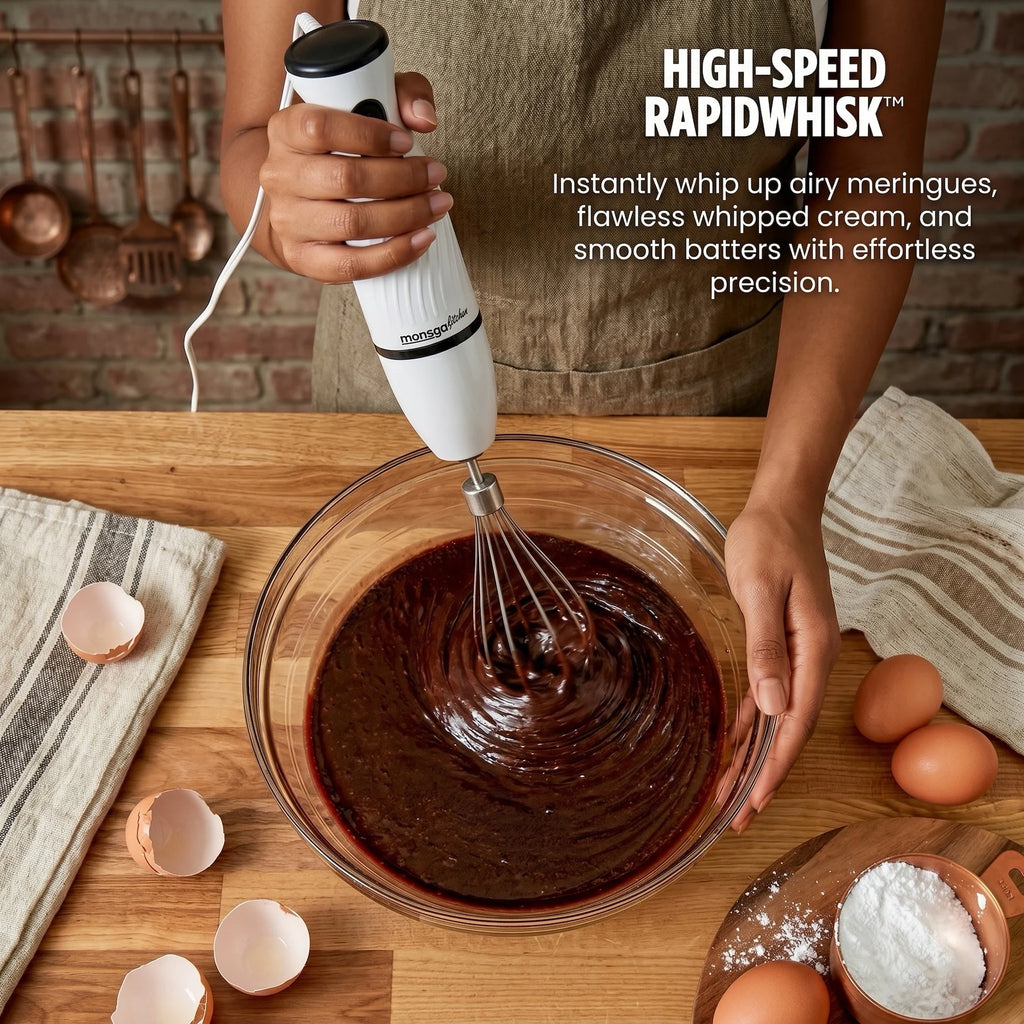 MONSGA Electric Immersion Hand Blender 4 in 1, 2 Speed Detachable Stick Mixer, Egg Whisk, Milk Frother, Vegetable Chopper, Meat Grinder, Juice Mixing Cup for Kitchen Smoothies Soup Baby Food