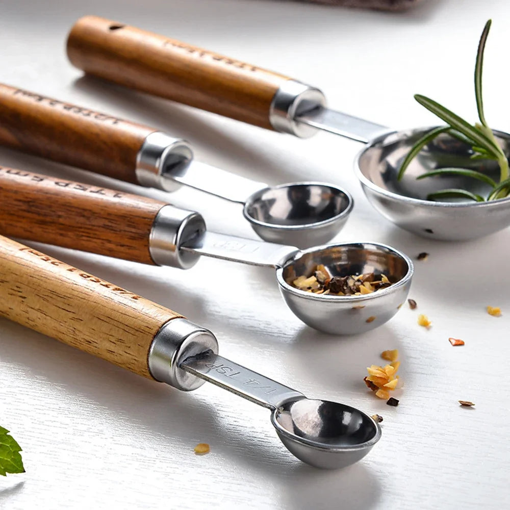 1/4Pcs Stainless Steel Measuring Cups and Spoons Set with Wooden Handles Multifunctional Baking Tool for Cooking and Baking