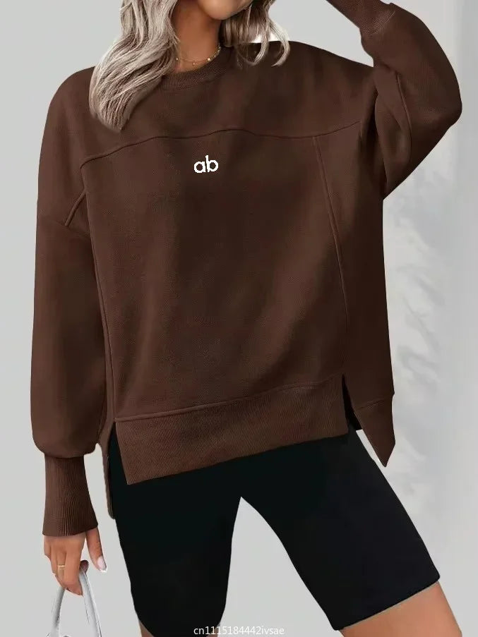 Women Autumn Winter Crew Neck Sweatshirt Long Sleeve Split‑hem