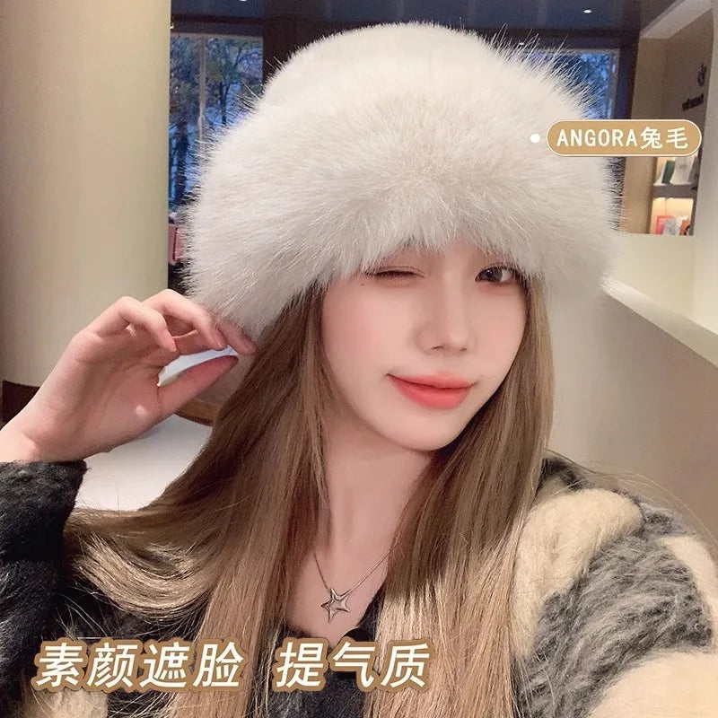 Winter Thick Warm Furry Beanies Hat Women Fashion Imitation Mink Fur Russian Cap Solid Color Plush Brimless Cap Brimless Ski Hat