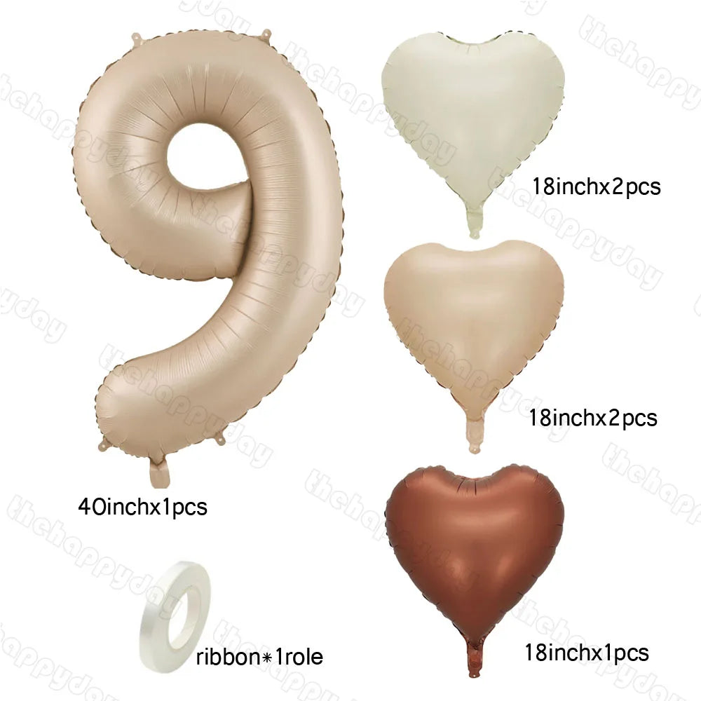 10/5/1Pc Brown Beige Cream 18inch Heart Balloons Cream Number Balloons 1 2 3 4 5 6 Birthday Number Foil Balloon Helium Air Globo