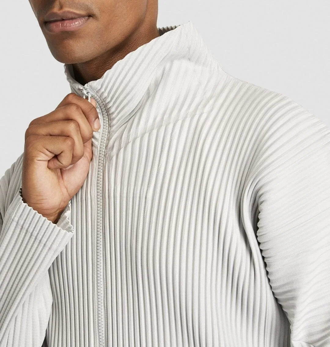 Miyake Men's Pleated Jacket Long Sleeve Standing Collar Fold Jacket Coat High Collar Zip Sweatshirt 2025 Spring Summer New Tops