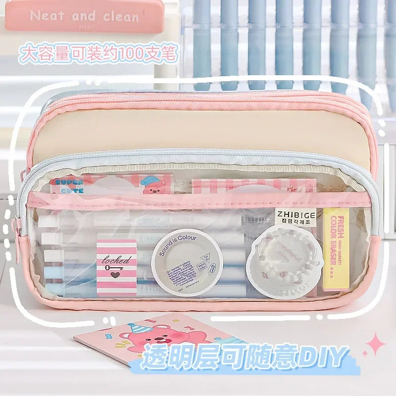 Kawaii Pencil Bag Large Capacity 3 Compartments Pencil Case Pen Pouch Desk Organizer School Supplies Cute Korean Stationery