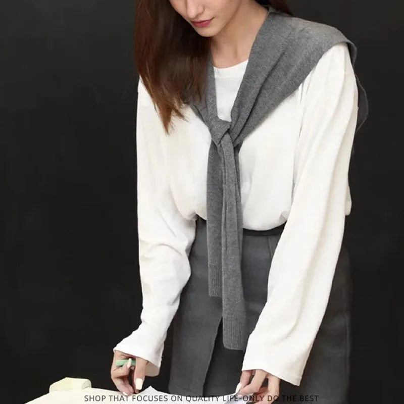Korean Knitted Shawl Summer Fashionable Versatile Fake Collar Neck Guard Knotted Cape Shoulder Scarf Solid Color Scarve Women