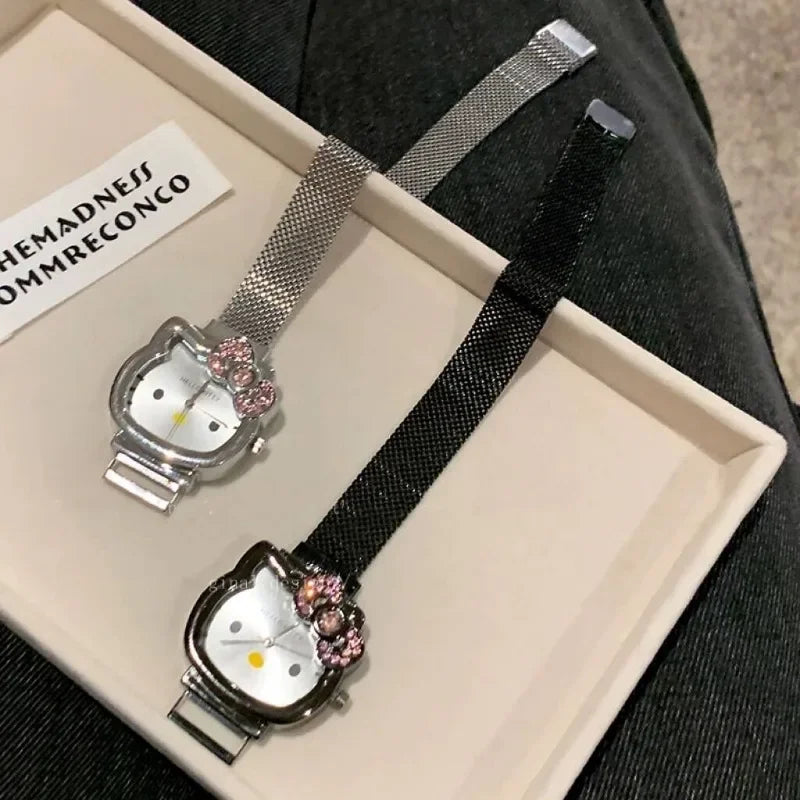 Sanrio Anime Hello Kitty Bow Set Diamond Watch Fashion Quartz Watch Cute Cartoon Magnet Small Dial Watch Girl Birthday Gift