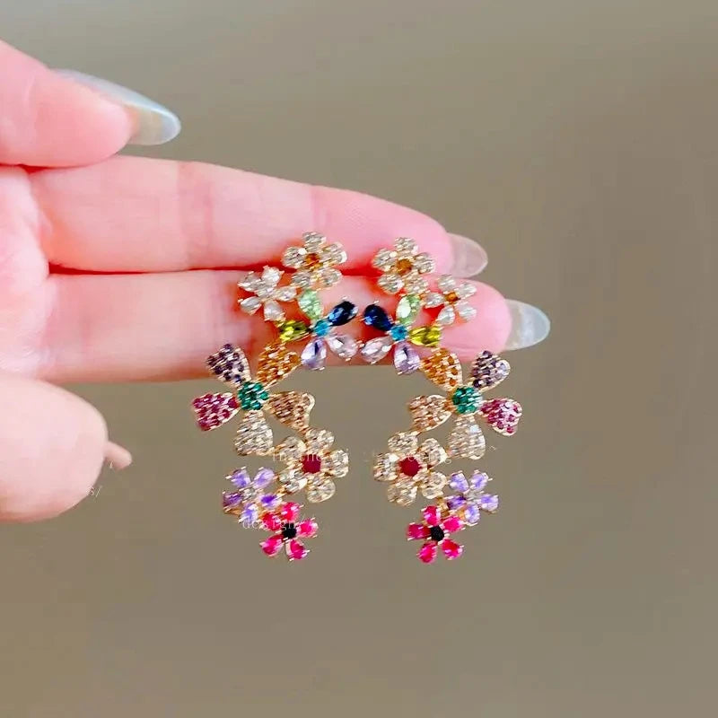 Romantic Colorful Zircon Flower Earrings For Women Girls Fashion Sweet Waterdrop Flower Earrings Exquisite Party Jewelry Gifts