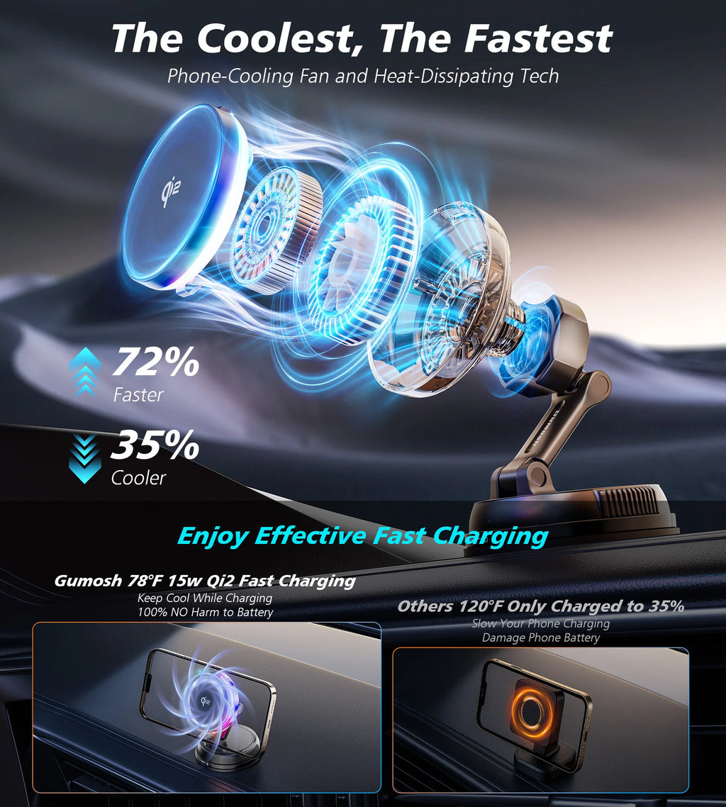 2025 New QI2 15W Magnetic Car Wireless Charger Bracket Flexible Electric Phone Fan Cooler
