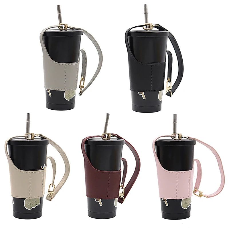 Portable Leather Cup Cover Pouch Water Bottle Sleeve Bag Leather Carrying Strap Insulating Cups Milk Tea Coffee Cups Accessories