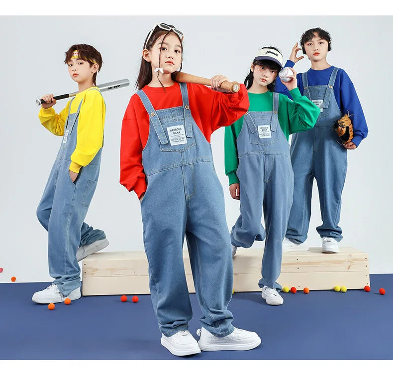 Boys Hip Hop Solid Sweatshirt Denim Loose Overalls Girls Crop Top Kids Dungaree Child Jumpsuit Street Dance Romper Streetwear