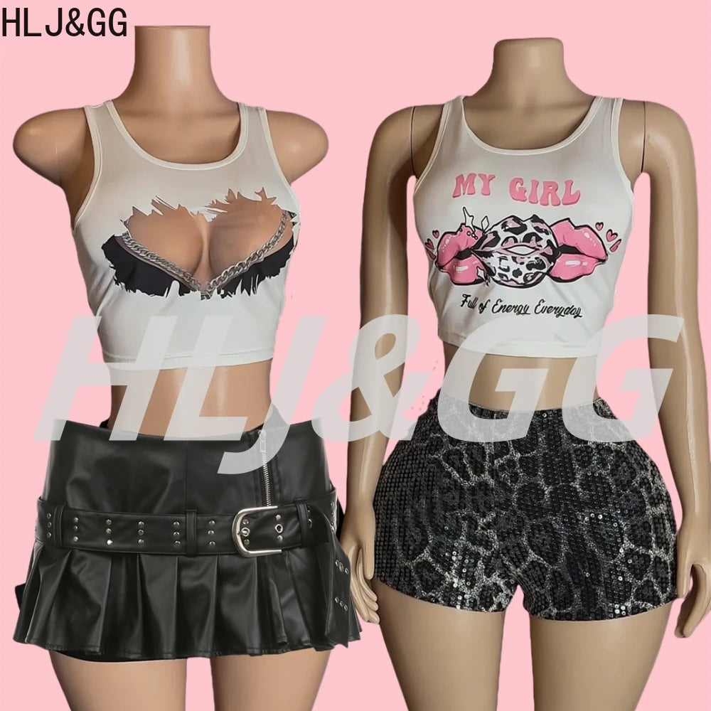HLJ&GG Trendy Y2K Leopard Sequin Shorts Two Piece Sets Women