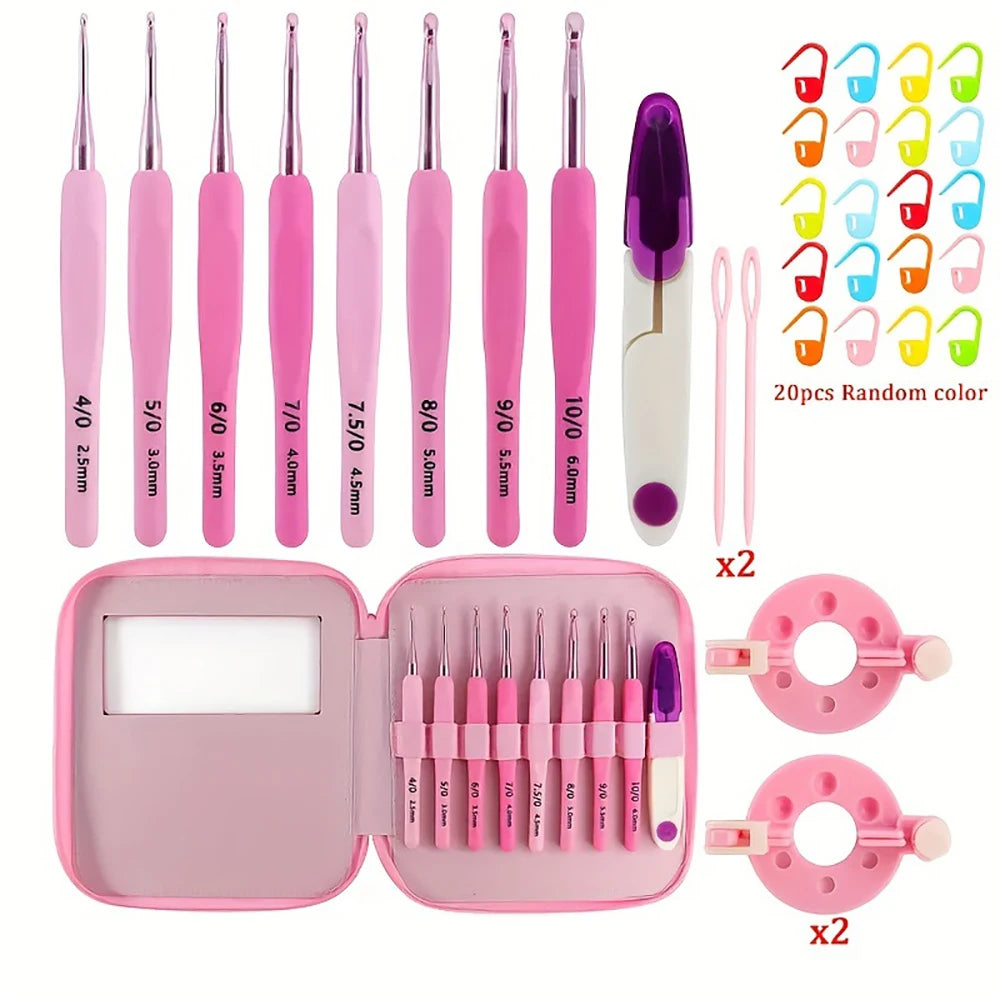 9pcs/set 2.0mm-6mm Pink Gradient Aluminum Crochet Hooks Ergonomic Soft Handle Crochet with Case Crochet Kit for Beginners