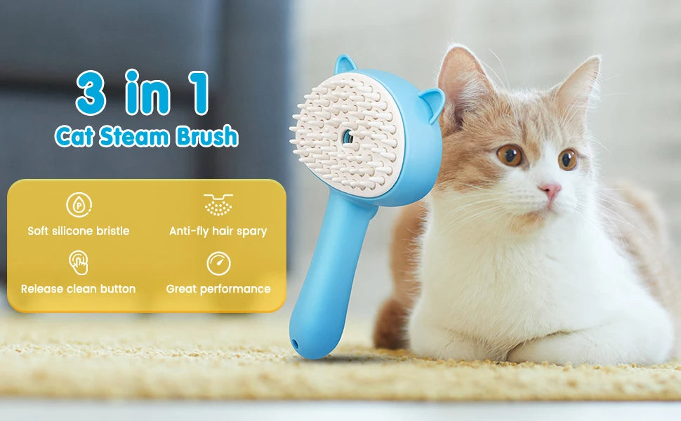 Cat Steam Brush 3 in 1 Pet Hair Grooming Tool Supply for Shedding With Soft Silicone Bristle Release Button for Short Hair Cats