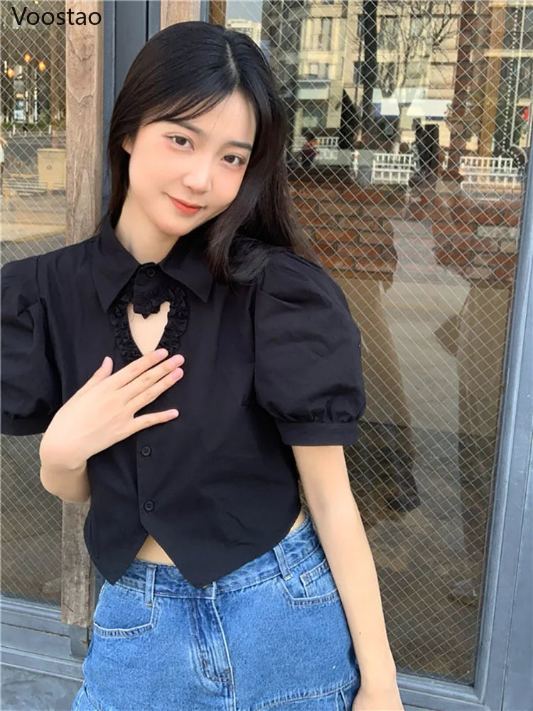 Sweet Lolita Style Blouses White Hollow Out Ruffles Heart Crop