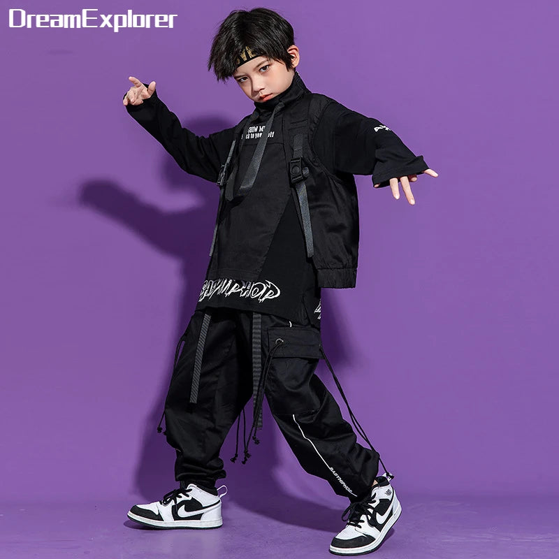 Boy Hip Hop Girl High Collar Vest Cargo Pants Outfits Child Sweatshirt Joggers Street Dance Kids Waistcoat Streetwear Costumes