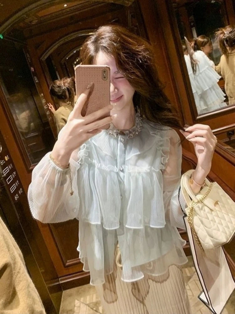 Sweet Ruffled Women Shirts 2026 Camisas De Mujer Long Sleeve Loose Blouses Vintage Single Breasted Pleated Chic Korean Blouse
