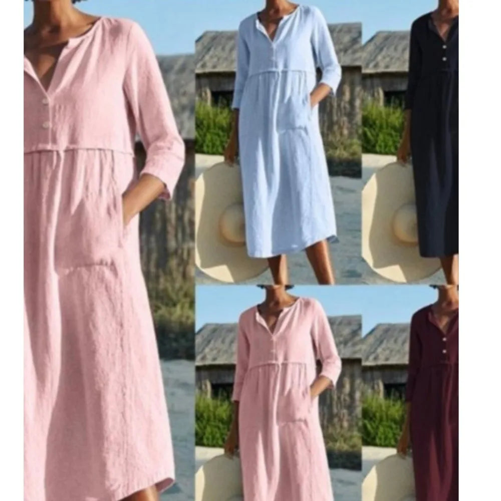 Cotton Linen Dress For Spring Summer Women's New Casual Cotton Round Neck Button Pocket Mid Sleeve Solid Color Dress