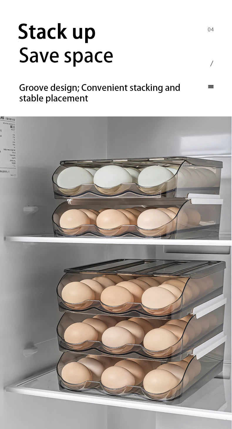 Automatic Slide Egg Storage Box Transparent Drawer, Stackable Rolling Eggs Rack Egg Tray Holder Basket, Kitchen Fridge Organize