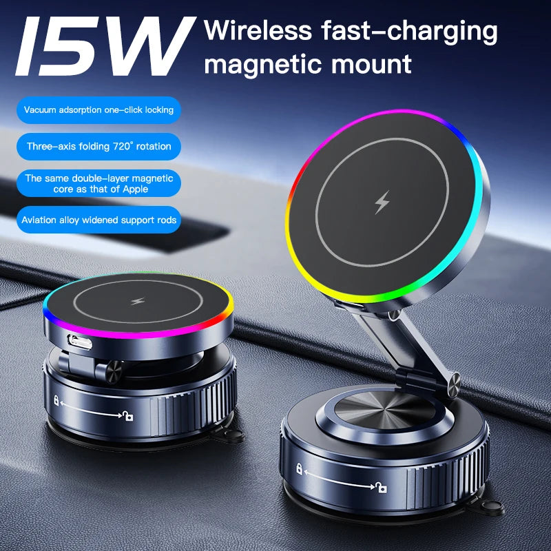 15W Car Magnetic Wireless Charger Vacuum Bracket Phone Holder for Magsafe iPhone 17~12 Pro Max Fast Charging Suction Cup Station