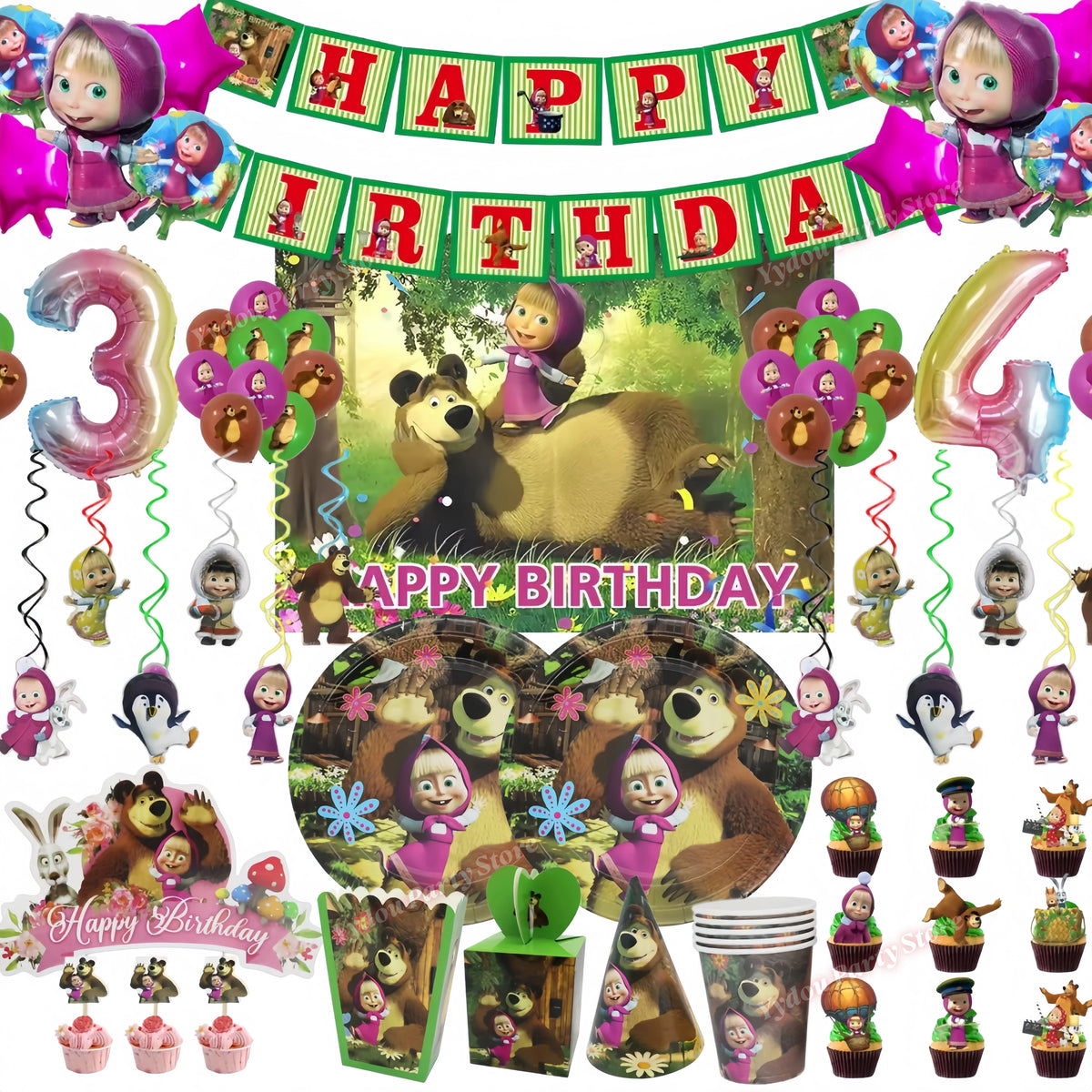 Mashaed Birthday Party Decoration Bear Theme Plates Cups Banner