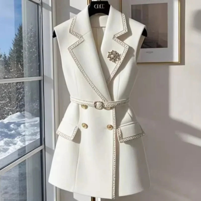 2 Piece White Jacket with Belt Summer Cotton Sleeveless Blazers Vest British Notched Double-breasted Office Lady Formal Elegant