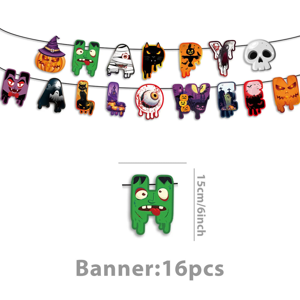 Halloween Ghost Party Decoration Disposable Tableware Balloon Banner Ceiling Door Hanging for Happy Hunting Halloween Supplies