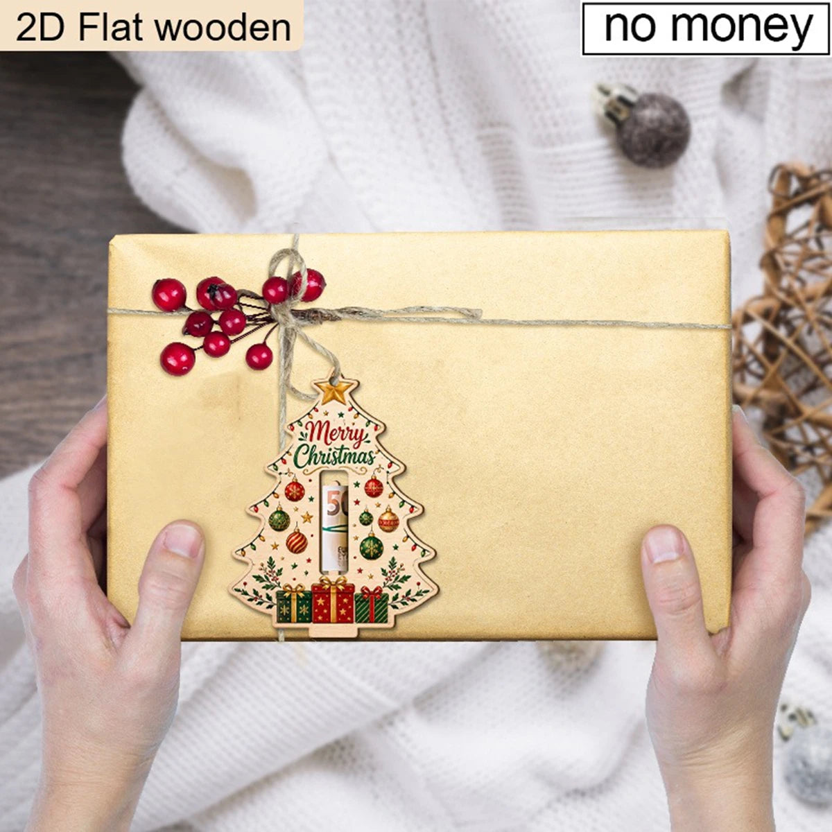 Christmas Tree Wooden Money Holder Ornament 2D Flat Wood Cash Clip Hanging Decor Merry Christmas Tree Shape Money Holder Gift