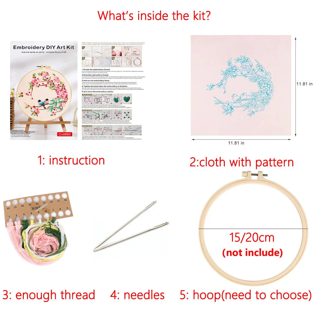 Bird Flower Chinese Wind Embroidery Kit with Instruction Needle Cloth with Pattern for DIY Craft Kit Home Decor