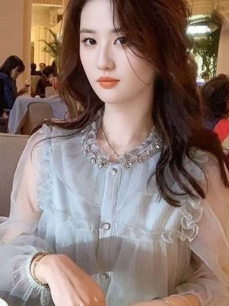 Sweet Ruffled Women Shirts 2026 Camisas De Mujer Long Sleeve Loose Blouses Vintage Single Breasted Pleated Chic Korean Blouse