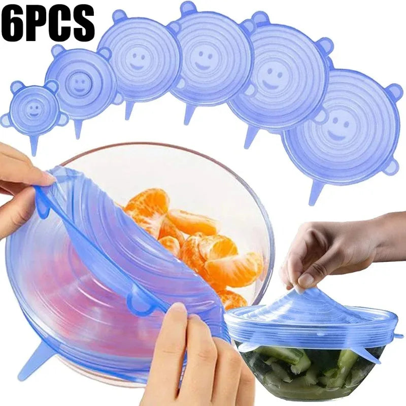 6pcs/set Food Grade Silicone Preservation Cover Reusable Airtight Food Universal Dish Stretch Round Lids For Kitchen Accessories