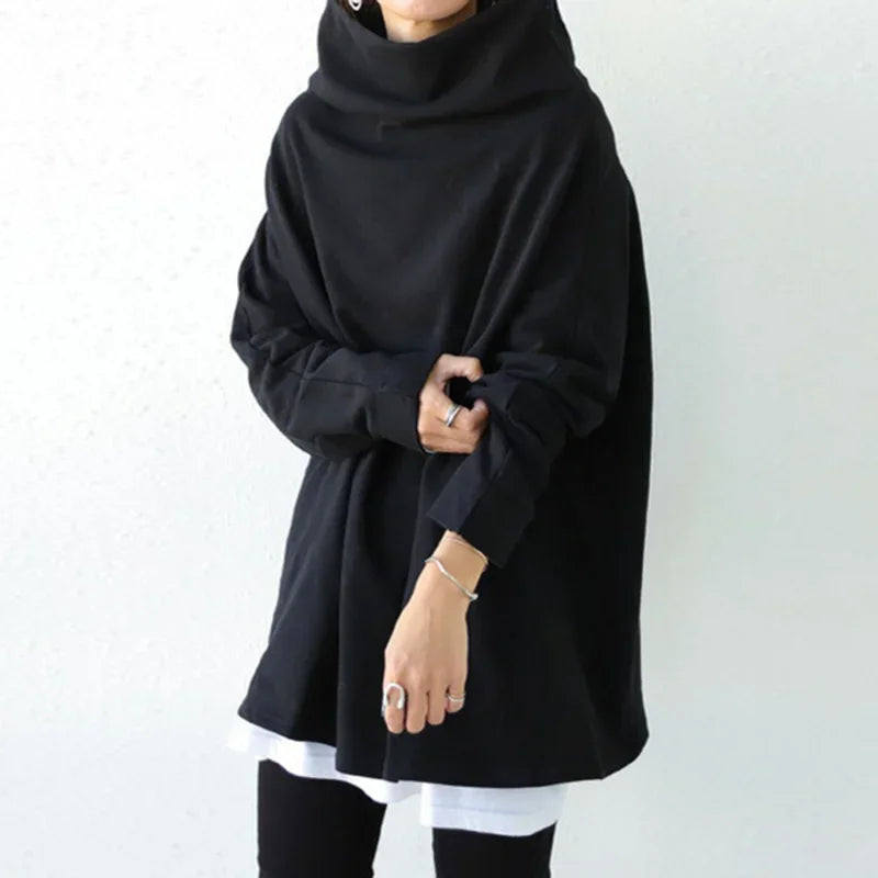Missuoo Women's Black Turtleneck Oversized Blouse 2026 Summer Casual Loose Long Sleeve Asymmetric Hem T-shirt Top