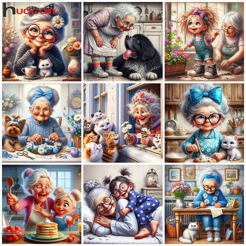 Huacan 5D DIY Diamond Painting Portrait Grandma Kits Full Drill Embroidery Old Lady Rhinestone Pictures Mosaic Animal Home Decor