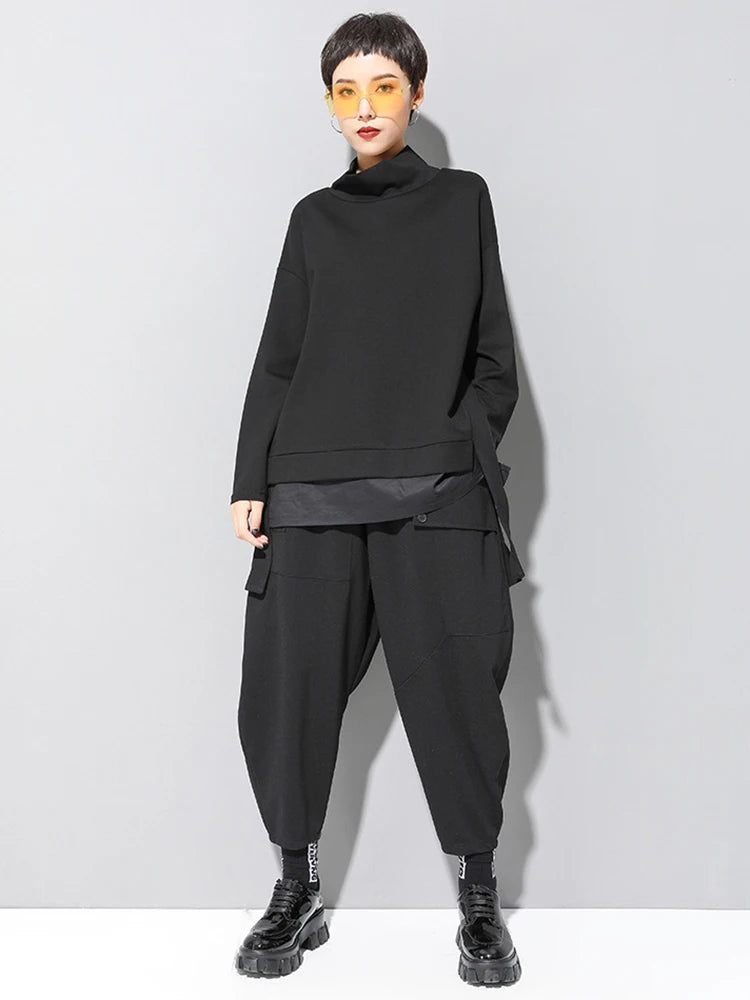 [EAM] Loose Fit Asymmetrical Big Size Sweatshirt New High Collar Long Sleeve Women Big Size Fashion Spring Autumn 2026 19A-a124