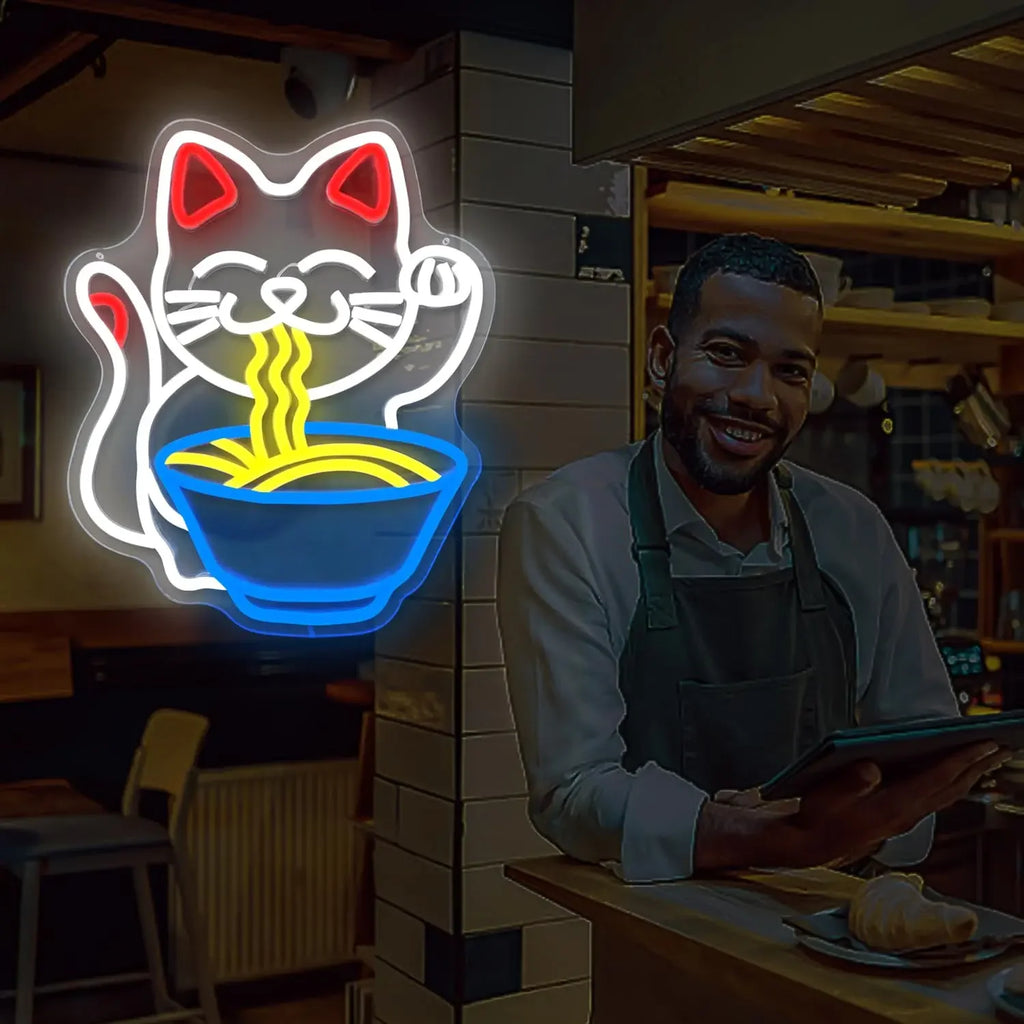 Ramen Cat Neon Sign, Bright LED for Restaurant and Cafe Decor, Japanese Kitchen Wall Art, Cat Lover Gift, Party Decoration